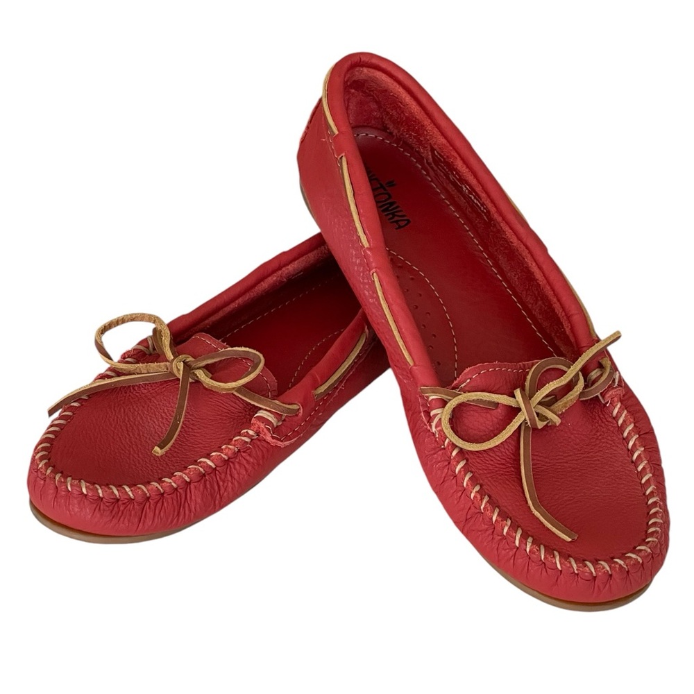 Minnetonka Red Soft Leather Moccasins Loafers Women’s Sz 10 Tan Leather Laces